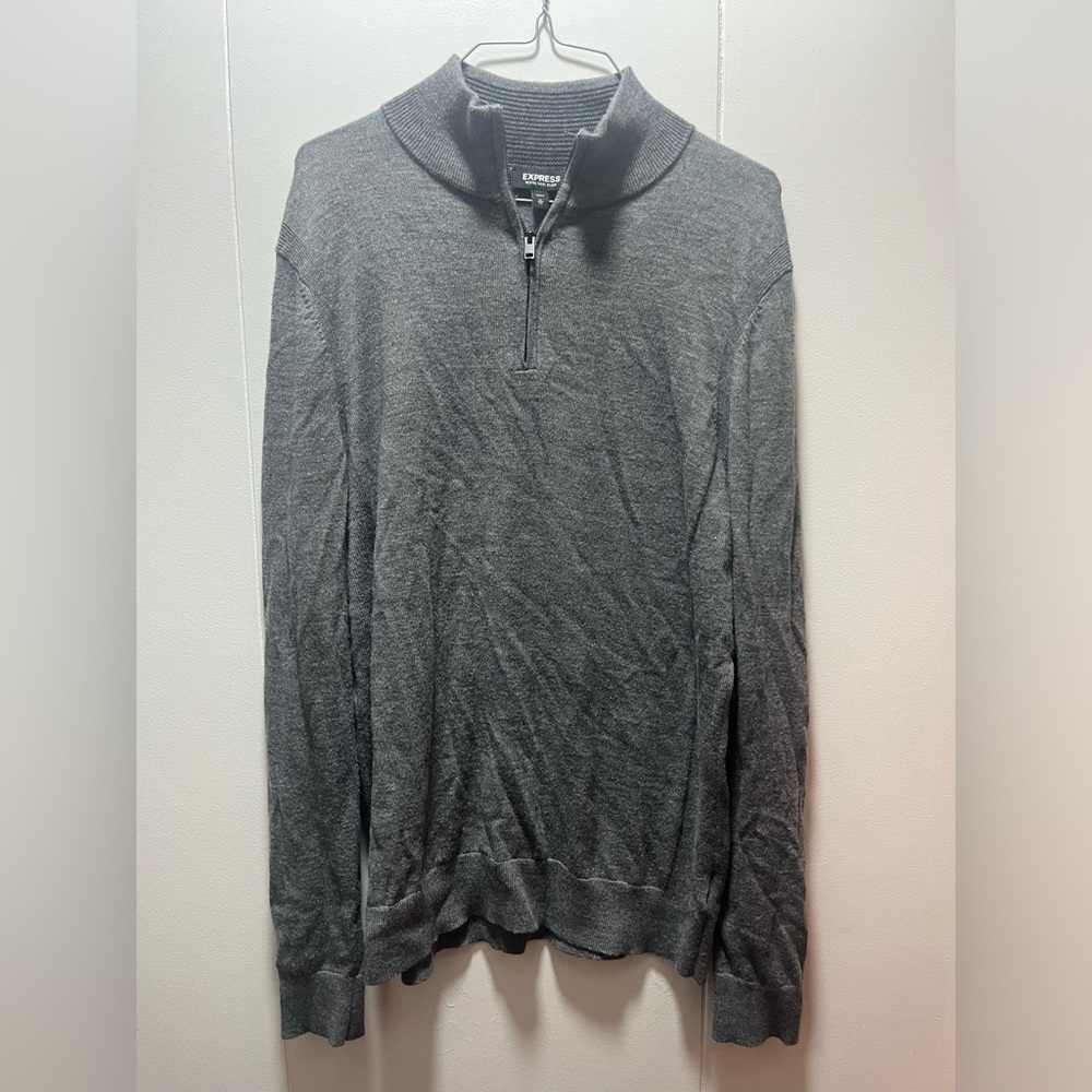 Express Sweater Mens Size XL Gray 1/4 Quarter Zip Merino Wool Blend Long Sleeve